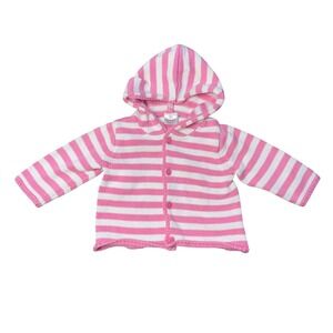 Hanna Andersson Hooded Cardigan Baby Pink White Excellent Striped Organic Cotton